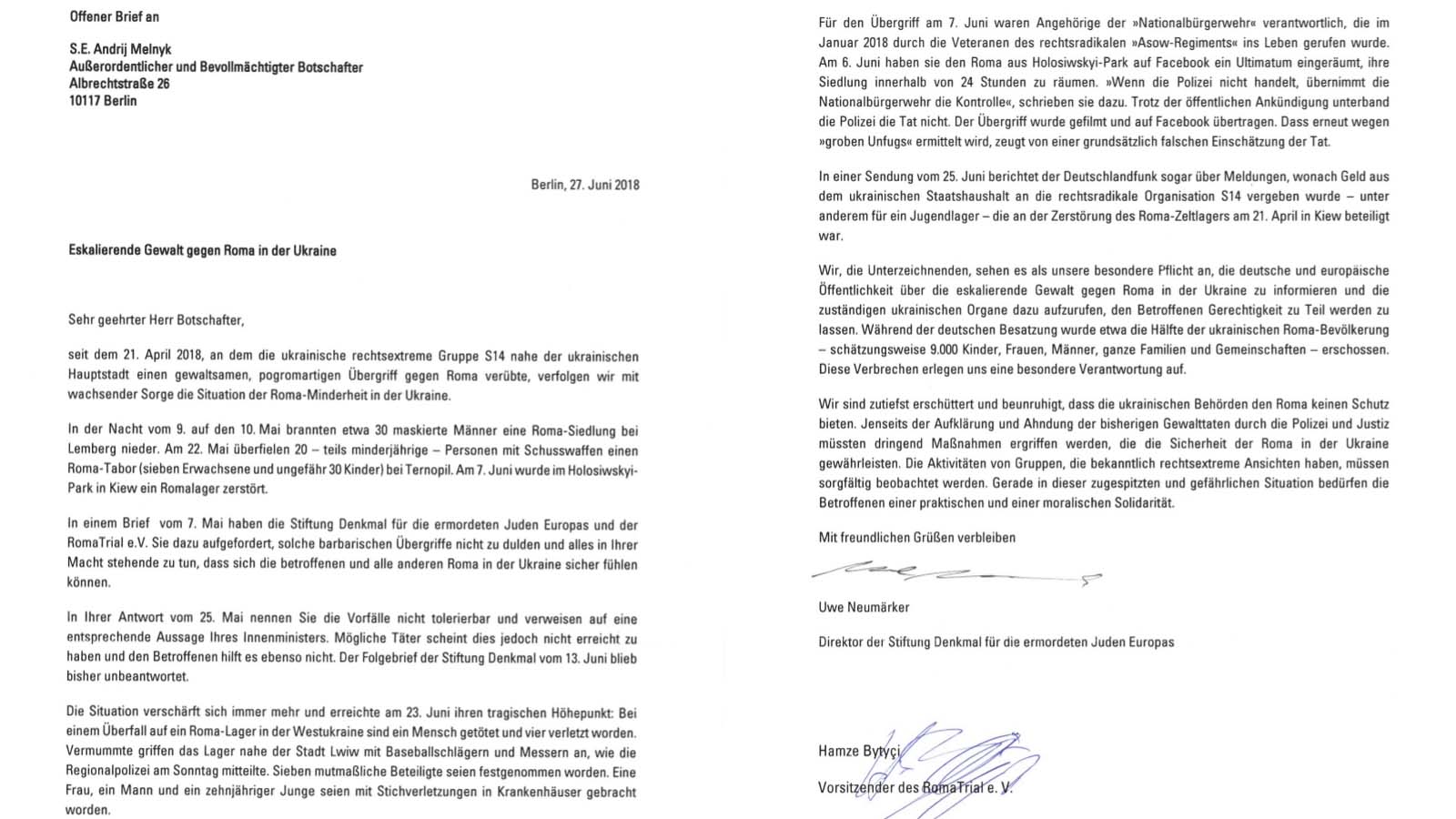Offener Brief An Den Botschafter Der Ukraine Romatrial Ev